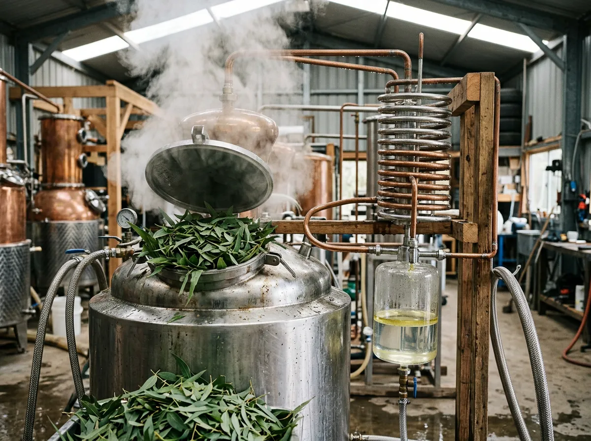 Cut eucalyptus foliage packed into a working still with steam rising